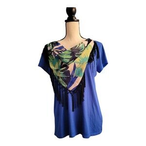 Notations Womens Blue T Shirt with Attached Scarf Size Large